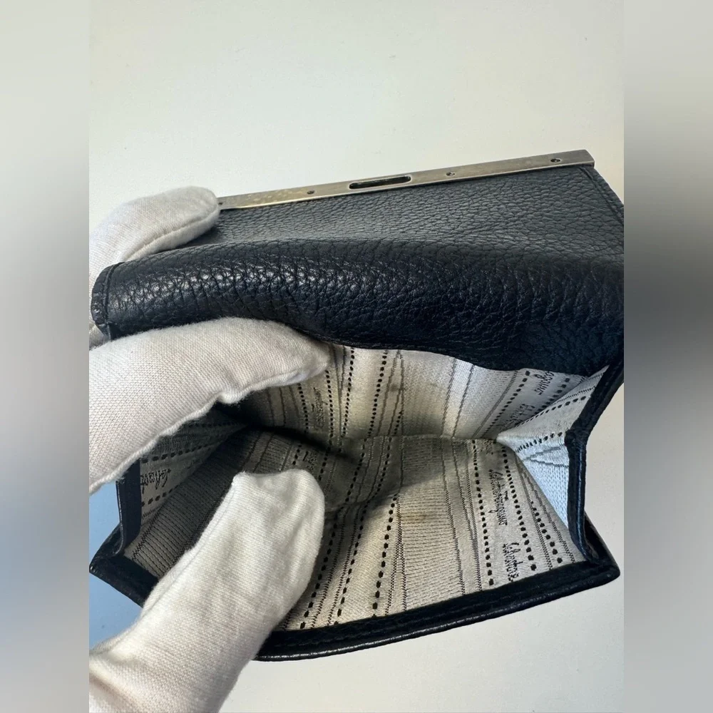 Salvatore Ferragamo Vintage Hook Bi Fold Black Pebbled Leather Wallet